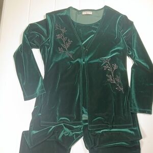 Vtg Med Womens 2 piece Pants Set Velvet Hunter Green Embellished Jacket Top
